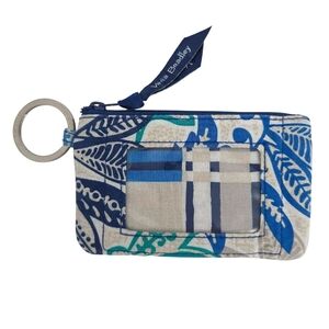 Vera Bradley Blue Green Beige Leaves Santiago ID Card Holder / Coin Pouch Wallet